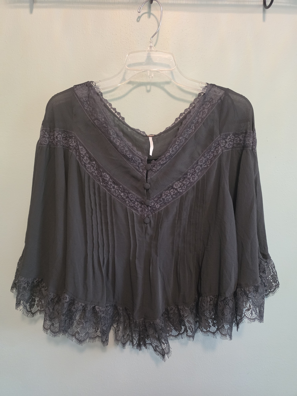 Free People Lace-Trim Boho Blouse - Charcoal/Green